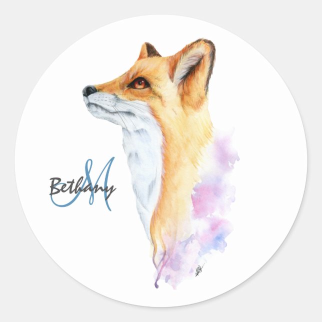 Red Fox Watercolor Personalized Classic Round Sticker (Front)