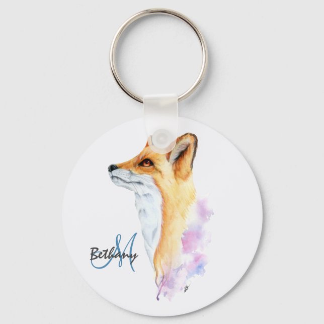 Red Fox Watercolor Personalized  Keychain (Front)