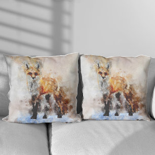 Red Fox Watercolor Portrait 02 Throw Pillow