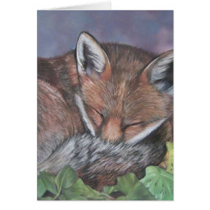 red fox wildlife sleeping in leaves blank art card