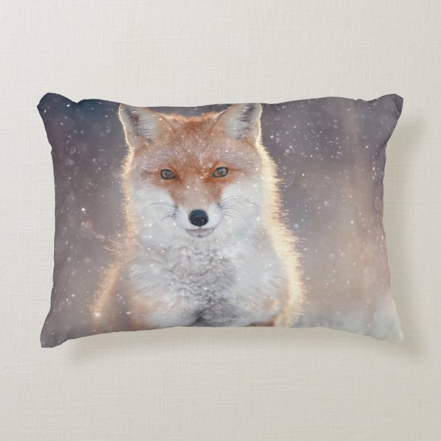 Red fox, winter forest, scenic illustration. accent pillow (Front)