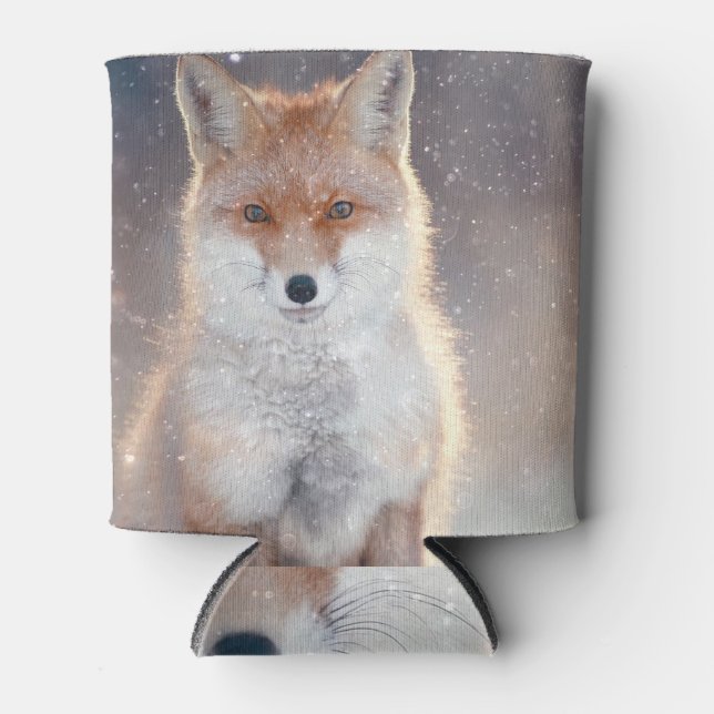 Red fox, winter forest, scenic illustration. can cooler (Front)