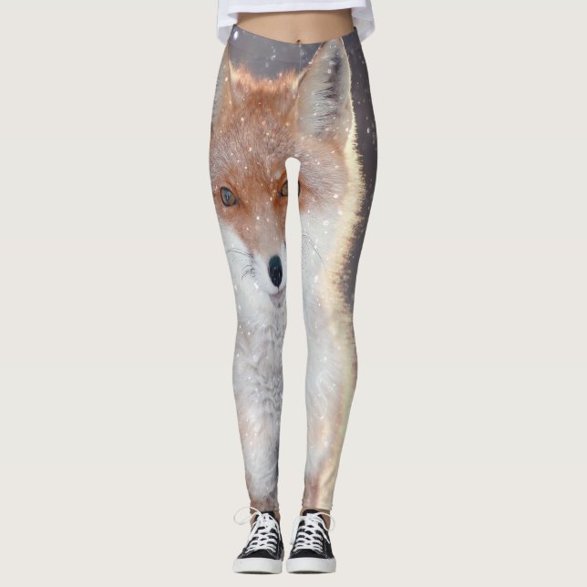 Red fox, winter forest, scenic illustration. leggings (Front)