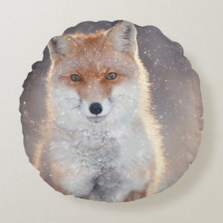 Red fox, winter forest, scenic illustration. round pillow
