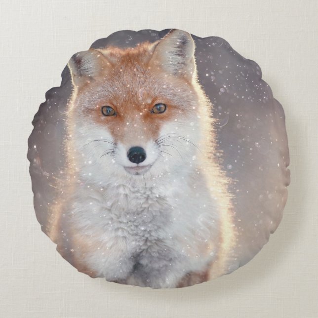 Red fox, winter forest, scenic illustration. round pillow (Front)