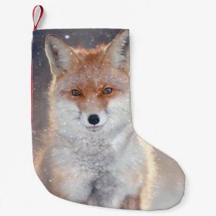 Red fox, winter forest, scenic illustration. small christmas stocking