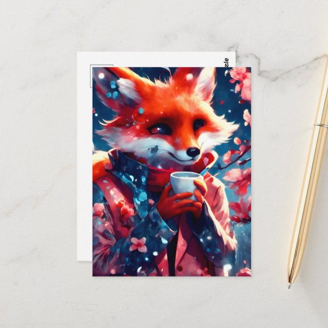 Red Fox With a Coffee Cherry Blossoms Spring Postcard (Front/Back In Situ)