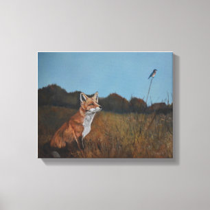 Red Fox with Bluebird Animal Wildlife Canvas Print