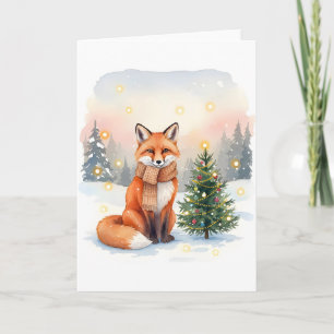 Red Fox with Brown Scarf and Christmas Tree Card