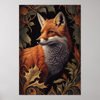 Red Fox with Leaves | Elegant Floral Animal Art Poster