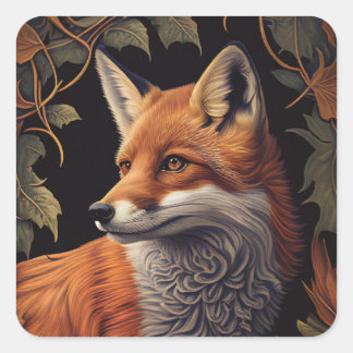 Red Fox with Leaves | Elegant Floral Animal Art Square Sticker