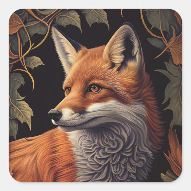 Red Fox with Leaves | Elegant Floral Animal Art Square Sticker (Front)