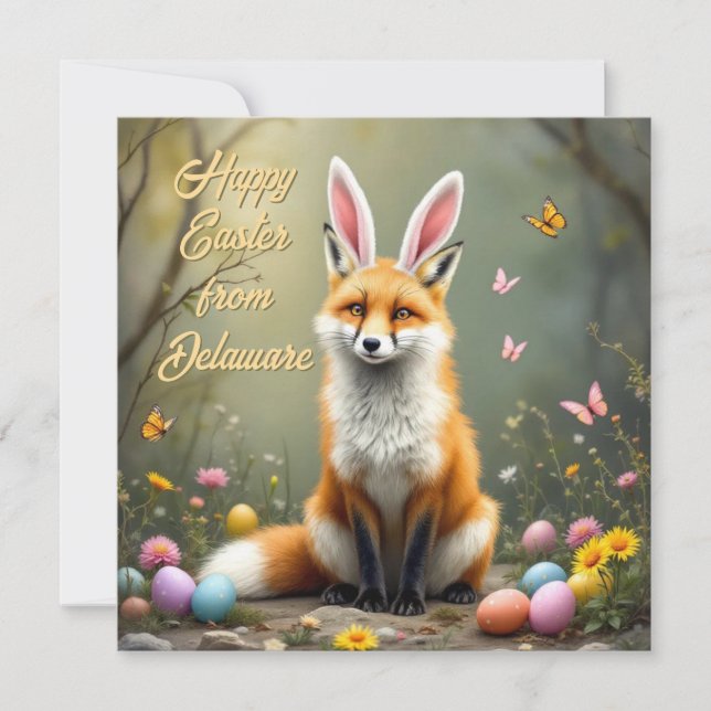 Red fox with rabbit ears holiday card (Front)