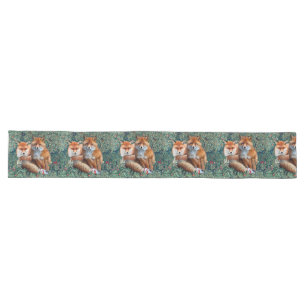 RED FOXES AMONG GREENERY, FOLIAGE AND FLOWERS LONG TABLE RUNNER