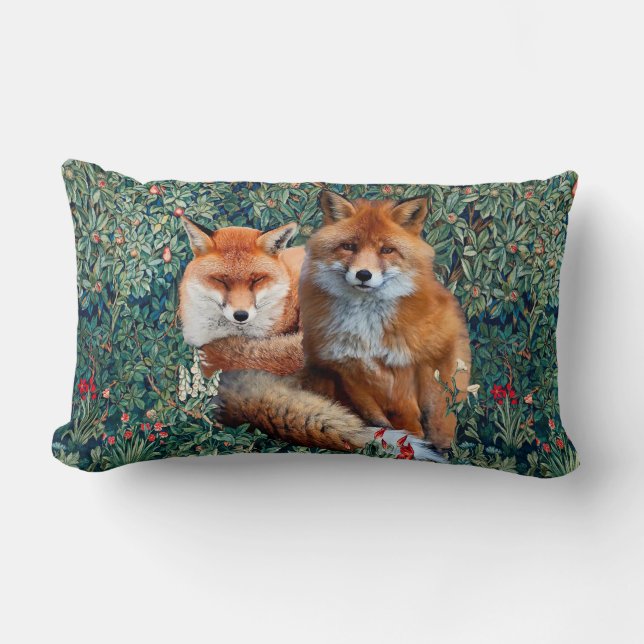 RED FOXES AMONG GREENERY, FOLIAGE AND FLOWERS LUMBAR PILLOW (Front)