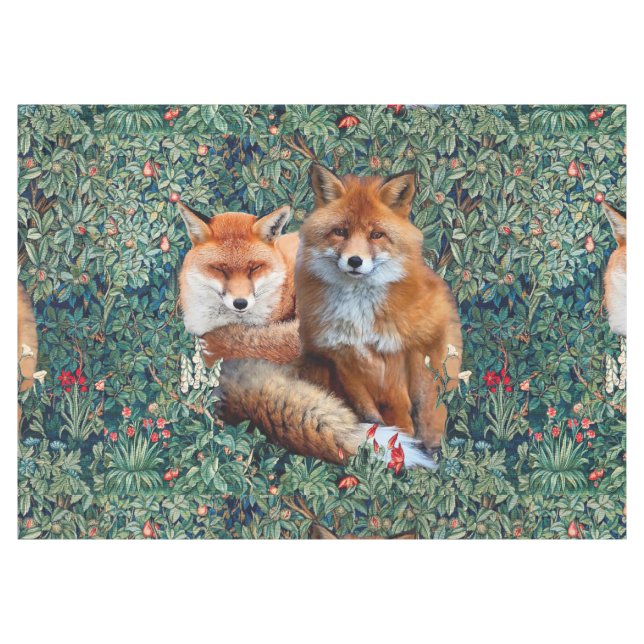 RED FOXES AMONG GREENERY, FOLIAGE AND FLOWERS TABLECLOTH (Front (Horizontal))