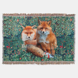 RED FOXES AMONG GREENERY, FOLIAGE AND FLOWERS THROW BLANKET