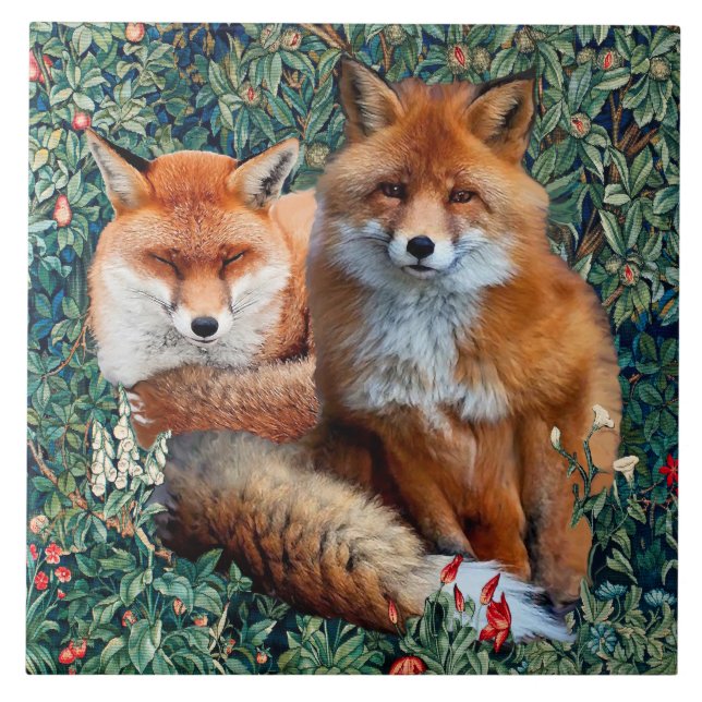 RED FOXES AMONG GREENERY, FOLIAGE AND FLOWERS  TILE (Front)