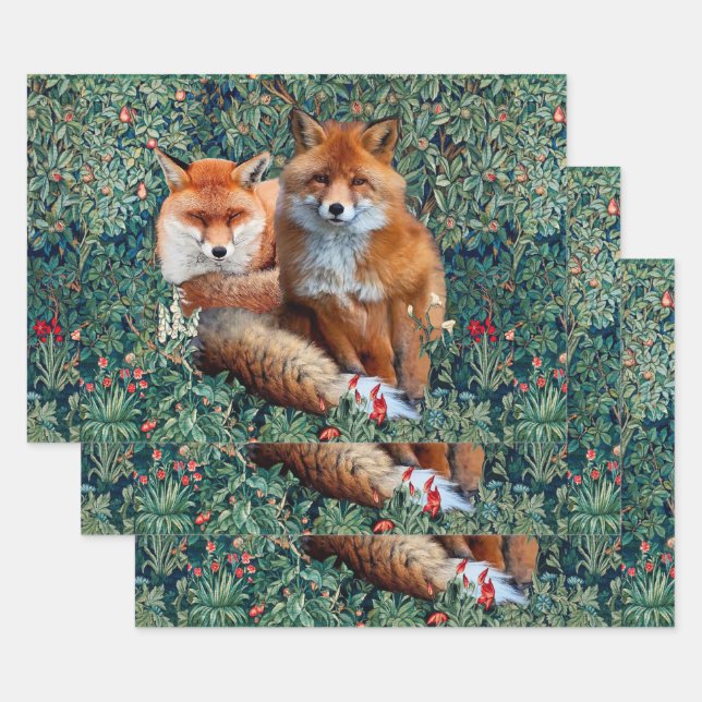 RED FOXES AMONG GREENERY, FOLIAGE AND FLOWERS  WRAPPING PAPER SHEET (Set)