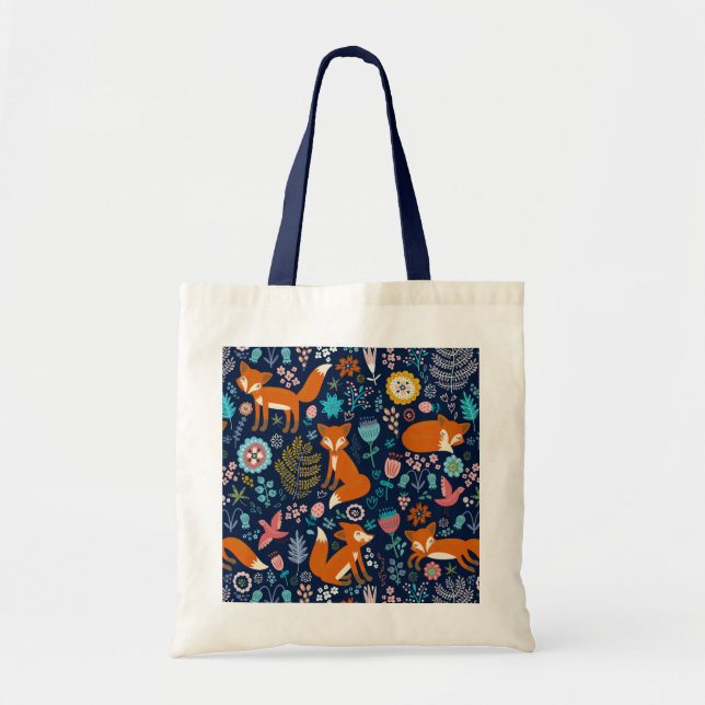 Red Foxes & Colourful Flowers Pattern Tote Bag (Front)