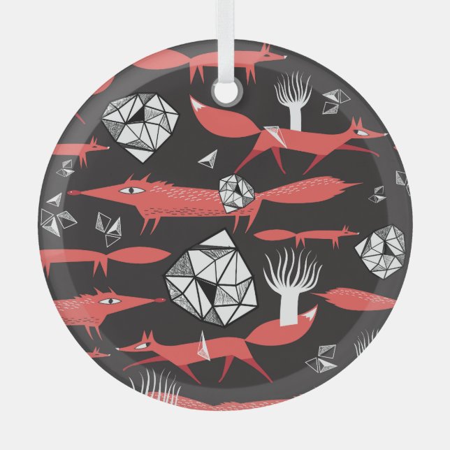 Red Foxes: Dark Background Seamless. Glass Ornament (Front)