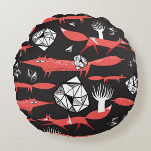 Red Foxes: Dark Background Seamless. Round Pillow