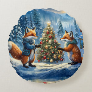 Red Foxes Holiday Design By Rich AMeN Gill Round Pillow