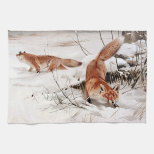 Red Foxes in the Winter Snow (by Wilhelm Kuhnert) Kitchen Towel
