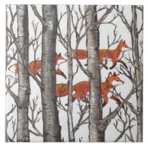 Red Foxes in Woods Art Rustic Look LG Ceramic Tile