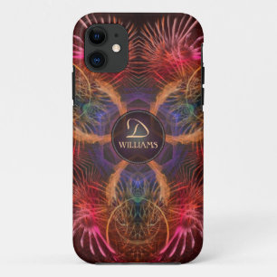Red Fractal Art Feathers Custom Monogram Name iPhone 11 Case
