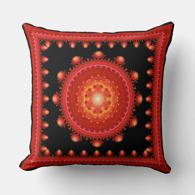 Red fractal oriental framed pattern throw pillow (Front)