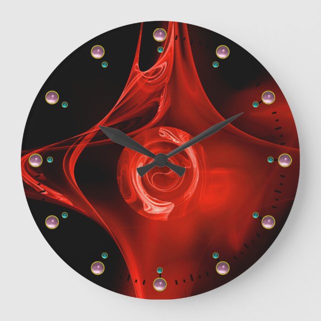 RED FRACTAL ROSE IN BLACK,PINK GEMSTONES LARGE CLOCK (Front)