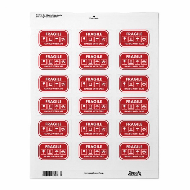 Red Fragile Handle with Care Mailing Label (Full Sheet)