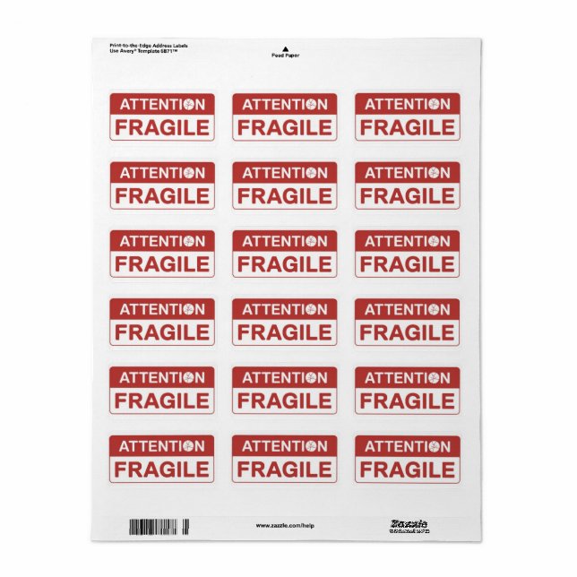 Red Fragile Handle with Care Mailing Label images (Full Sheet)