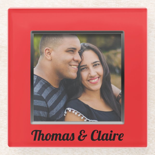 Red Frame Engaged Couple Photo Glass Coaster (Front)