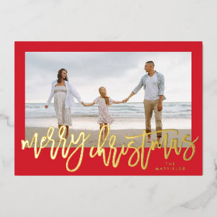 Red Frame & Gold Merry Christmas Photo Foil Holiday Card