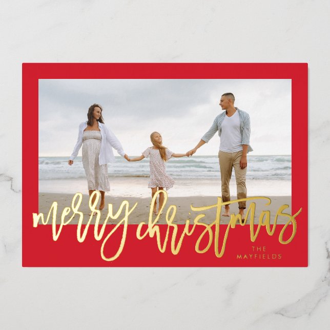 Red Frame & Gold Merry Christmas Photo Foil Holiday Card (Front)