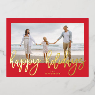 Red Frame & Gold Merry Christmas Photo Foil Holiday Card