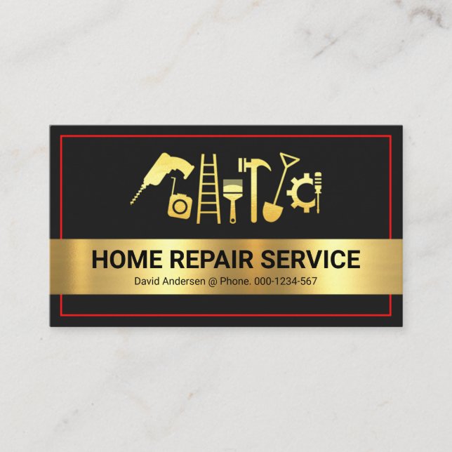 Red Frame Gold Stripe Handyman Tools Business Card (Front)