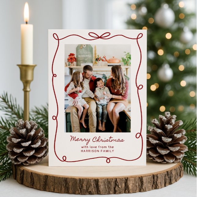 Red frame, Striped Family Photo Christmas Card  (Creator Uploaded)