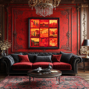 Red Framed Desert Art Grid – Bold Geometric Poster