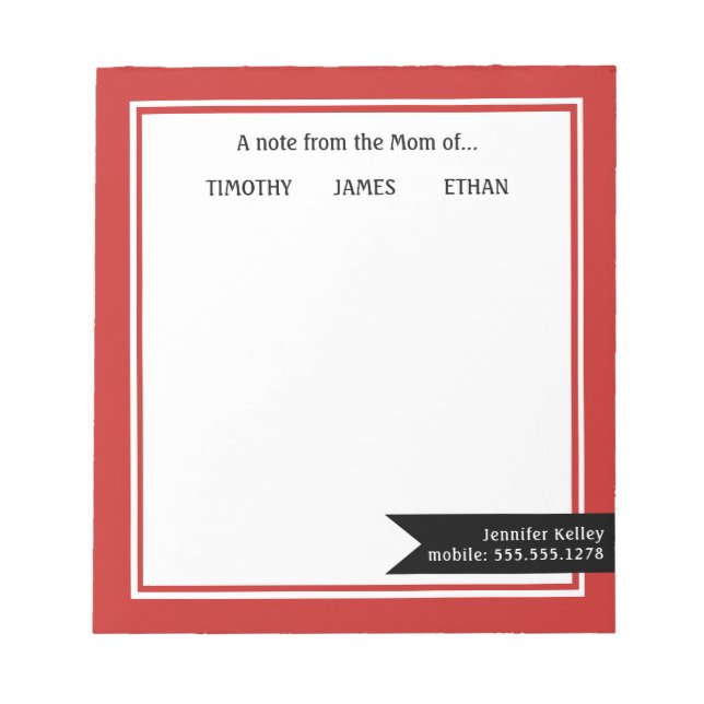 Red Framed "From the Mom of", Personalized Notepad (Front)