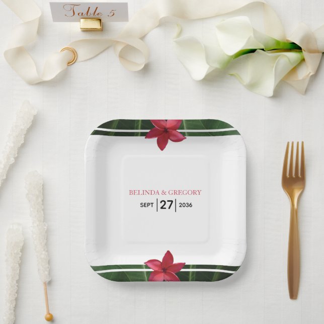 Red Frangipani Plumeria Wedding  Paper Plate (Wedding)