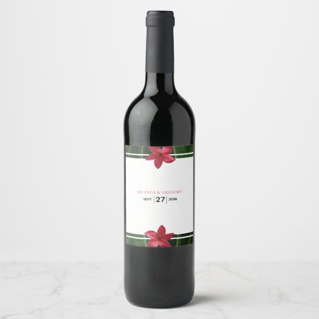 Red Frangipani Plumeria Wedding Wine Label (Front)