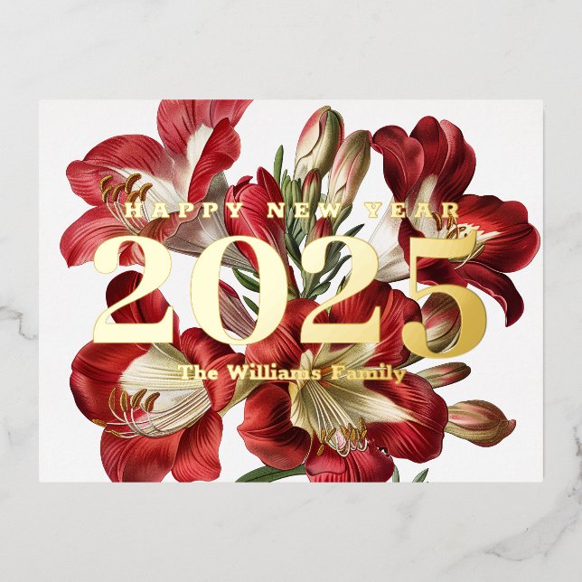 Red Freesia Flower Happy New Year 2025 Gold Foil Holiday Postcard (Front)