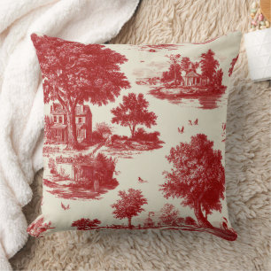 Red French Toile Countryside Pastoral Pattern Throw Pillow