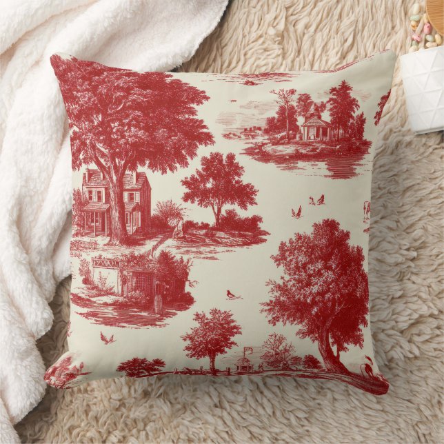 Red French Toile Countryside Pastoral Pattern Throw Pillow (Blanket)