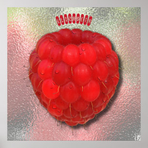 Red Fresh Raspberry With Morning Dew Drops Drawing Poster