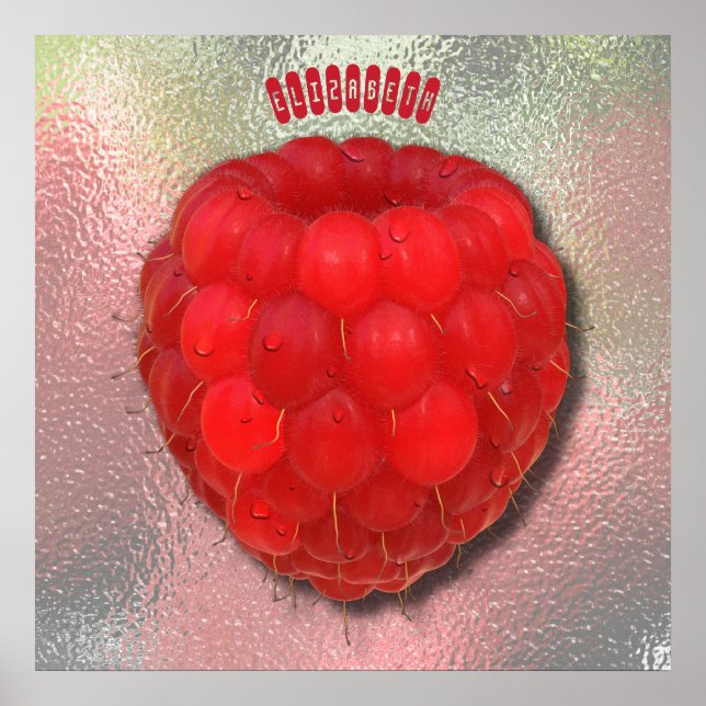 Red Fresh Raspberry With Morning Dew Drops Drawing Poster (Front)