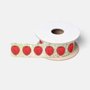Red Fresh Raspberry With Morning Dew Drops Drawing Satin Ribbon
